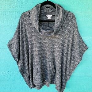 LOFT LOUNGE WOOL BLEND STRIPED PULLOVER PONCHO COWL NECK BLACK GRAY SIZE LARGE